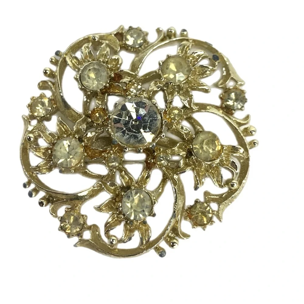 Gold Floral Crystal Brooch Pin for Women 1-3/4 inch diameter